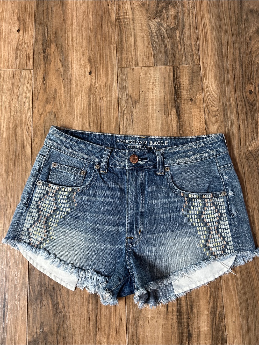 American Eagle Blue Frayed Denim Cutoff Shorts Hi-Rise Festival Size 8